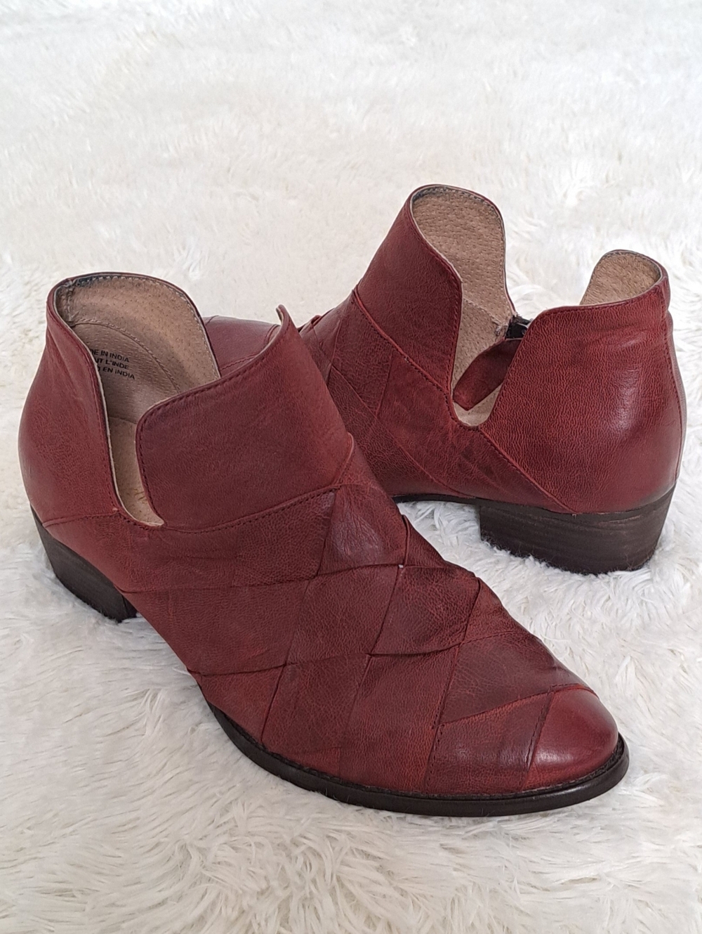 Seychelles Deep Sea Leather Woven Ankle Booties Oxblood Red Size 8